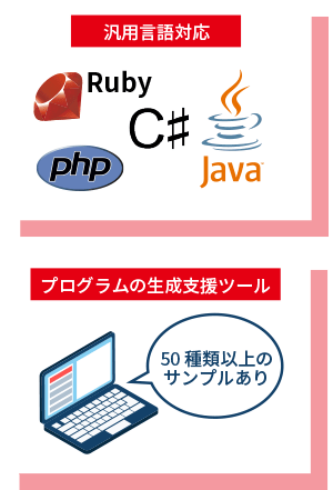 RubyやPHPといった汎用言語を採用。開発を支援するプログラム生成ツール(Analyzer他)あり。